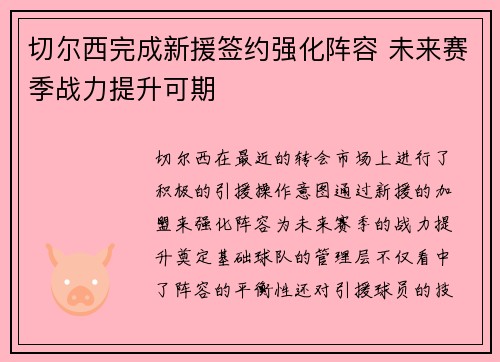 切尔西完成新援签约强化阵容 未来赛季战力提升可期